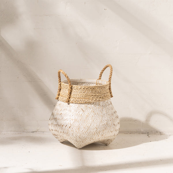 Bamboo Basket with Seagrass Trim Whitewashed