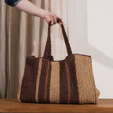 Ena Colour Block Raffia Bag - Caramel & Chocolate Stripe