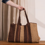 Ena Colour Block Raffia Bag - Caramel & Chocolate Stripe