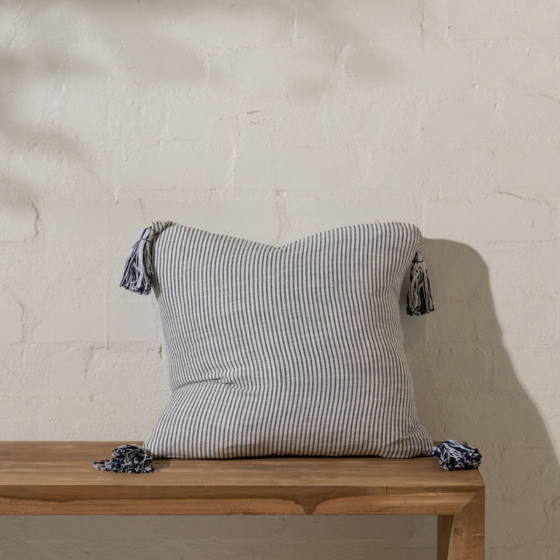 Aste Navy Striped Cotton Cushion with Tassels